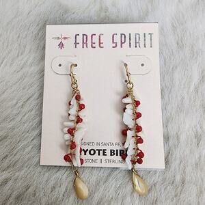NEW Peyote Bird Free Spirit Gold Chain Red Spiral Earrings with Shell Accents